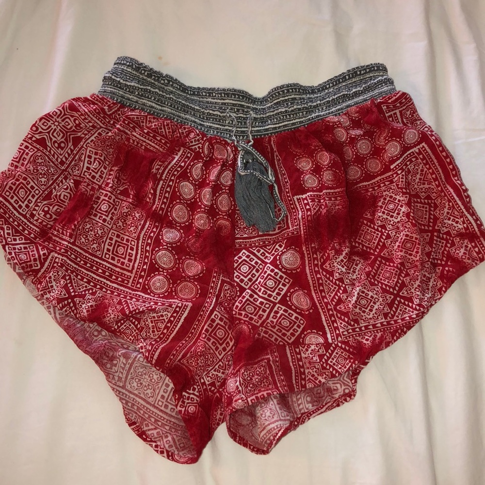 Red and grey flowy shorts